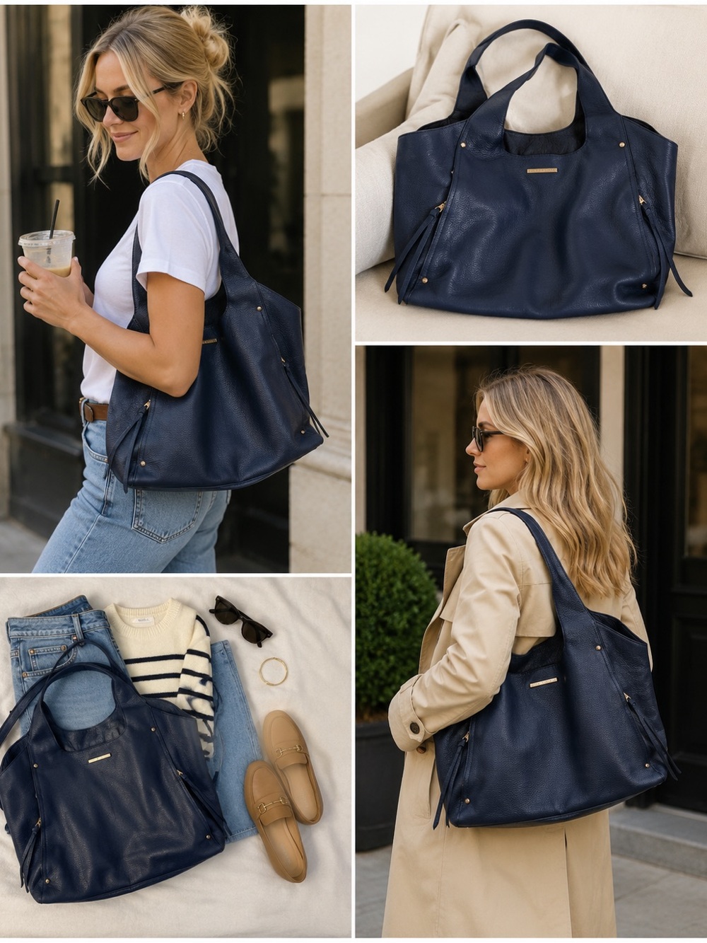 Poppy & Peonies Navy Pebbled Leather Tote with Gold Accents